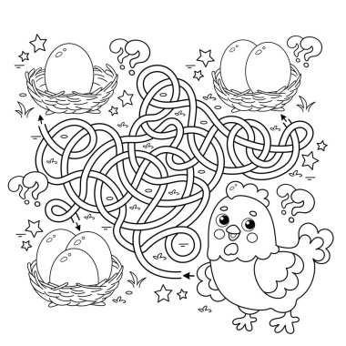 Labirent ya da Labirent Oyunu. Bulmaca. Karışık yol. Yumurtalı tavuk karikatürünü boyama sayfası. Çocuklar için boyama kitabı.