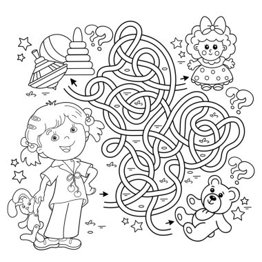 Labirent ya da Labirent Oyunu. Bulmaca. Karışık Yol. Çizgi filmdeki oyuncaklı kızın ana hatlarını boyamak. Çocuklar için boyama kitabı.