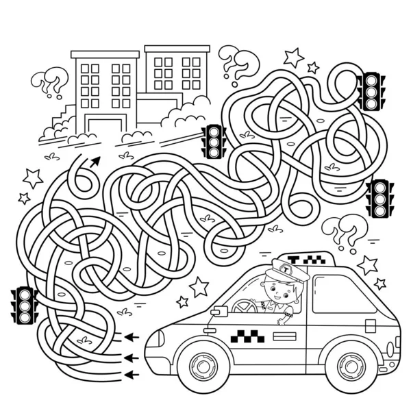 Labyrinthe Jeu Labyrinthe Puzzle Route Embrouillée Coloriage Aperçu Chauffeur Taxi — Image vectorielle