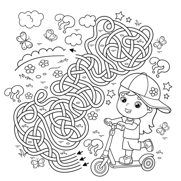 Maze Labyrinth Game Puzzle Tangled Road Coloring Page Outline Cartoon — Stock Vector