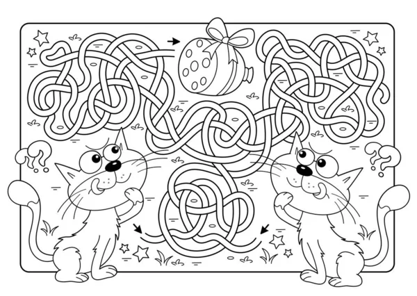 迷宫或迷宫游戏 交通堵塞 用香肠给卡通猫配色 儿童彩色书 — 图库矢量图片