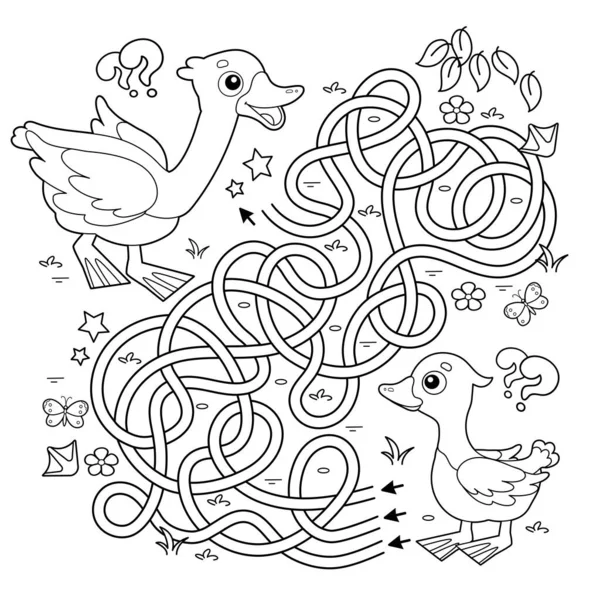 메이즈나 주둥이 뒤엉킨 Coloring Page Outline Gosling 입니다 가축들 아이들을 — 스톡 벡터