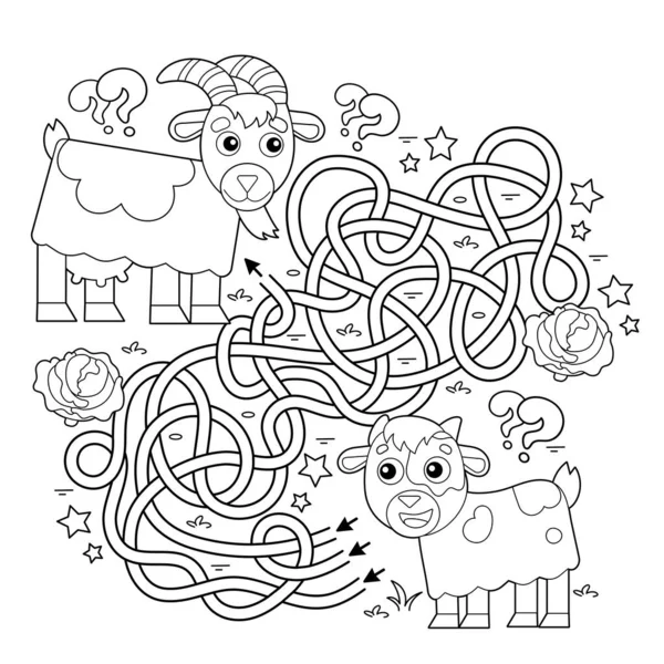 迷宫或迷宫游戏 交通堵塞 卡通山羊与山羊或山羊的配色 农场动物和它们的幼崽在一起儿童彩色书 — 图库矢量图片