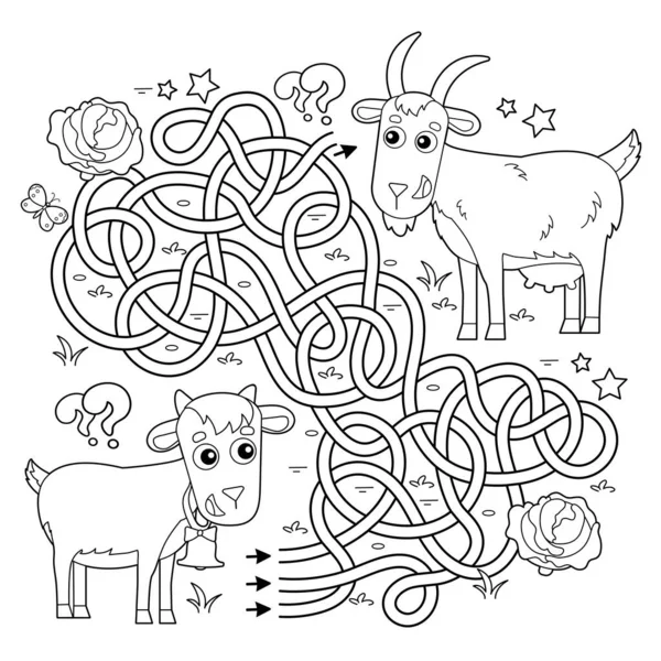 Labyrinthe Jeu Labyrinthe Puzzle Route Embrouillée Coloriage Aperçu Chèvre Dessin — Image vectorielle