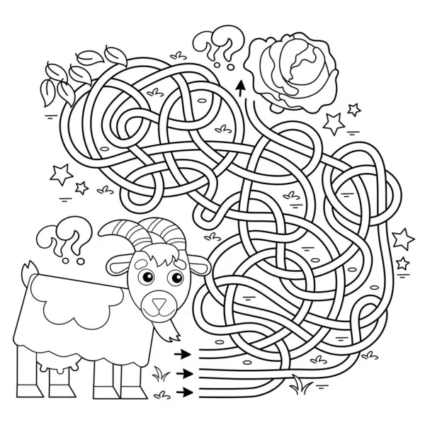 迷宫或迷宫游戏 交通堵塞 卷心菜卡通山羊的着色轮廓 农场动物 儿童彩色书 — 图库矢量图片