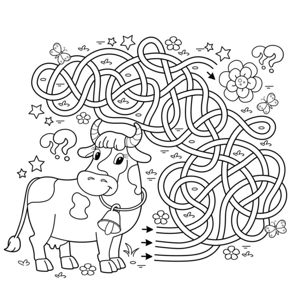 Labyrinthe Jeu Labyrinthe Puzzle Route Embrouillée Coloriage Aperçu Vache Dessin — Image vectorielle