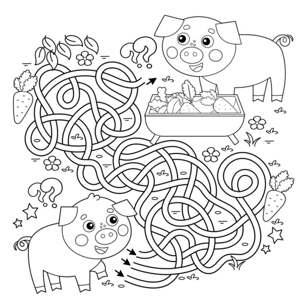 迷宫或迷宫游戏 交通堵塞 漫画猪或小猪的配色 农场动物和它们的幼崽在一起儿童彩色书 — 图库矢量图片