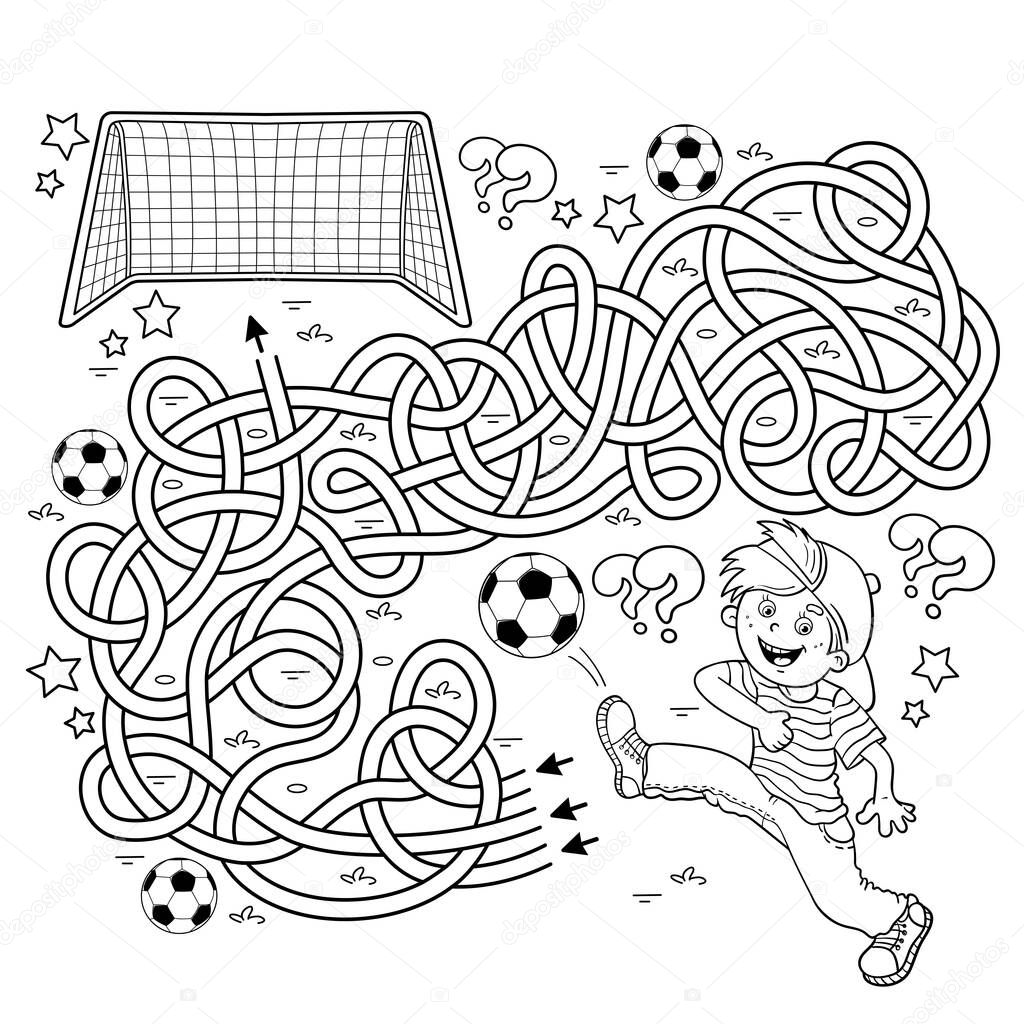 Maze or Labyrinth Game. Puzzle. Tangled road. Coloring Page Outline Of cartoon boy with soccer ball. Football. Sport activity. Coloring book for kids.