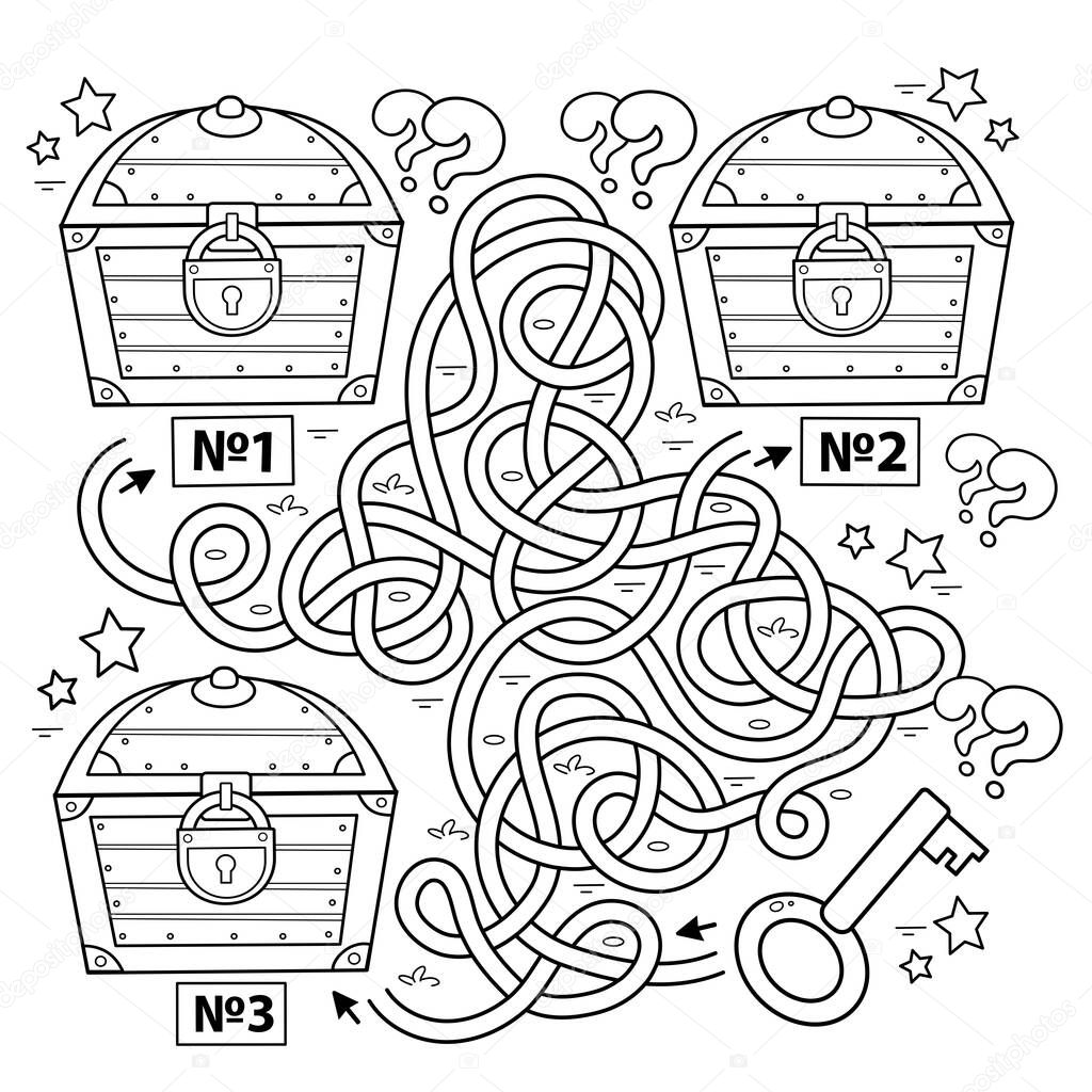 Maze or Labyrinth Game for Preschool Children. Puzzle. Tangled Road.  Coloring Page Outline Of Cartoon key and closed treasure chests. Coloring book for kids