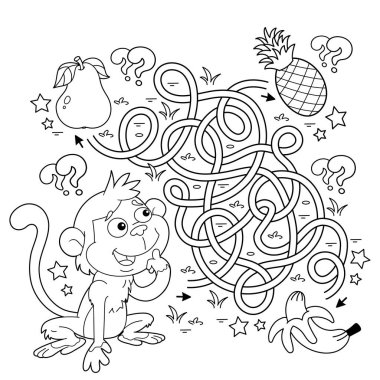 Labirent ya da Labirent Oyunu. Bulmaca. Karışık yol. Çizgi filmdeki yiyecekli küçük maymunun ana hatlarını boyamak. Çocuklar için boyama kitabı.