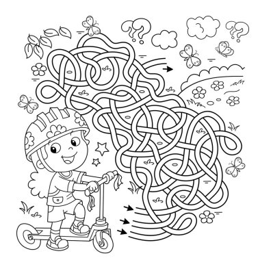 Labirent ya da Labirent Oyunu. Bulmaca. Karışık yol. Scooter 'ı olan çizgi film kızlarının ana hatlarını boyamak. Spor aktivitesi. Çocuklar için boyama kitabı.