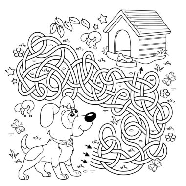 Labirent ya da Labirent Oyunu. Bulmaca. Karışık yol. Köpek kulübesi ya da köpek kulübesi olan çizgi filmlerin ana hatları. Çocuklar için boyama kitabı.