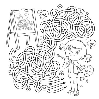 Labirent ya da Labirent Oyunu. Bulmaca. Karışık yol. Boyalı ve fırçalı çizgi film kızlarının ana hatlarını boyamak. Şövaleli küçük bir sanatçı. Çocuklar için boyama kitabı.