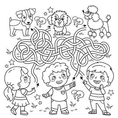 Labirent ya da Labirent Oyunu. Bulmaca. Karışık yol. Evcil hayvanlı çizgi film çocuklarının ana hatlarını boyamak. Kimin köpeği nerede? Çocuklar için boyama kitabı.