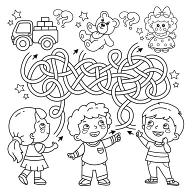 Labirent ya da Labirent Oyunu. Bulmaca. Karışık yol. Çizgi filmdeki oyuncaklı çocukların ana hatlarını boyamak. Çocuklar için boyama kitabı.