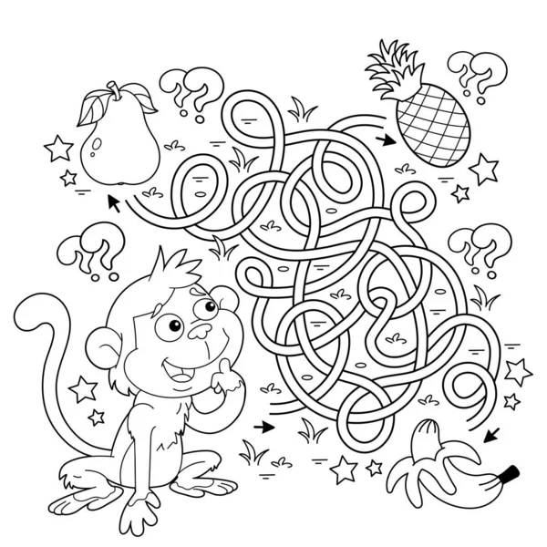 迷宫或迷宫游戏 交通堵塞 卡通小猴子与食物的彩色页面轮廓 儿童彩色书 — 图库矢量图片
