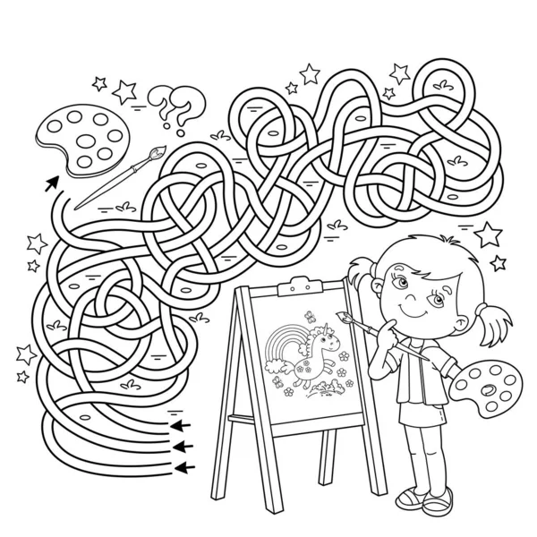 Labirent ya da Labirent Oyunu. Bulmaca. Karışık yol. Boyalı ve fırçalı çizgi film kızlarının ana hatlarını boyamak. Şövaleli küçük bir sanatçı. Çocuklar için boyama kitabı.