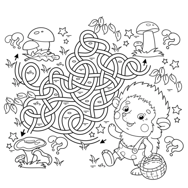 迷宫或迷宫游戏 交通堵塞 漫画中的小刺猬和一篮蘑菇的着色轮廓 儿童彩色书 — 图库矢量图片