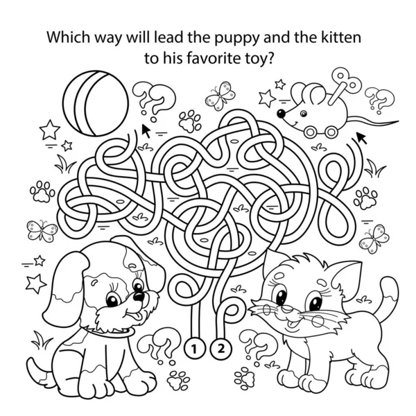 Labirent ya da Labirent Oyunu. Bulmaca. Karışık yol. Çizgi film karakterlerinin ana hatları oyuncaklı küçük kedi ve köpek. Evcil hayvanlar. Çocuklar için boyama kitabı.
