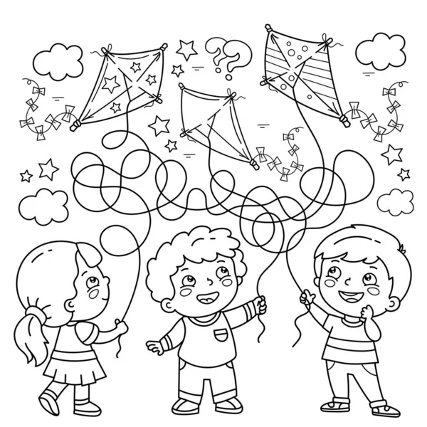 Labirent ya da Labirent Oyunu. Bulmaca. Karışık yol. Çizgi filmdeki oyuncaklı çocukların ana hatlarını boyamak. Kimin uçurtması nerede? Çocuklar için boyama kitabı.