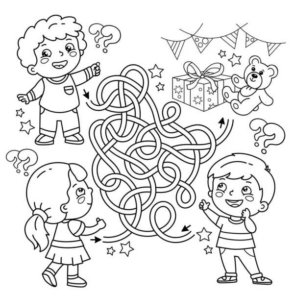 Maze Labyrinth Game Puzzle Tangled Road Coloring Page Outline Cartoon — Stock vektor