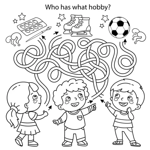 Labirent ya da Labirent Oyunu. Bulmaca. Karışık yol. Boyalı boyalı, futbol topu ve patenli çizgi film çocuklarının ana hatları. Kimin ne hobisi var? Çocuklar için boyama kitabı.