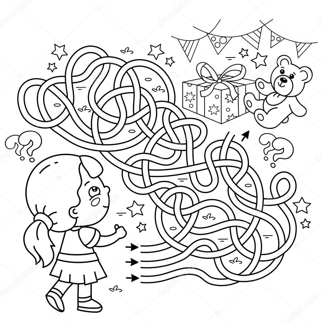 Maze or Labyrinth Game. Puzzle. Tangled road. Coloring Page Outline Of cartoon little girl with gifts. Birthday. Coloring book for kids.