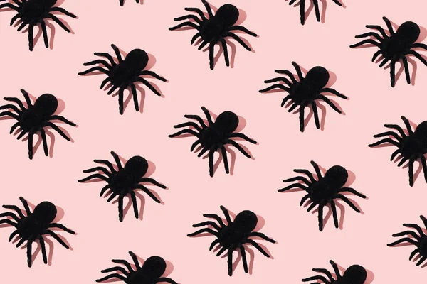 Black Spider Pattern Pink Background Minimal Halloween Concept — Stockfoto