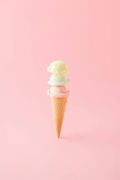 Ice Cream Three Scoops Cone Placed Vertically Pink Background Minimal — Stock fotografie