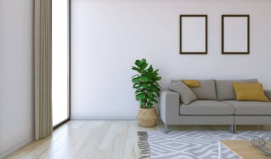 Oturma odasının iç kısmının yakın çekimi. İçinde bir koltuk ve sehpa görüyoruz, koltuğun yanında yeşil bir bitki ve önünde de bir halı. Arka duvarda iki tane asılı ve boş resim var. Ahşap zemin ve whit ile doğal aydınlatma