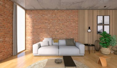 Interior view of a cozy nordic-style living room. Wooden floor and brick walls, brown carpet, wooden table. On the left you can see a window and a curtain. Ideal image to present household objects and transmit the day to day with the family. Simple a