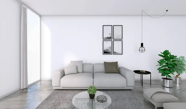 Interior view of a cozy nordic-style living room. Concrete floor, gray carpet, glass table, hanging pictures with black and white photos on the wall in the background. On the left you can see a window and a curtain. Ideal image to present household o