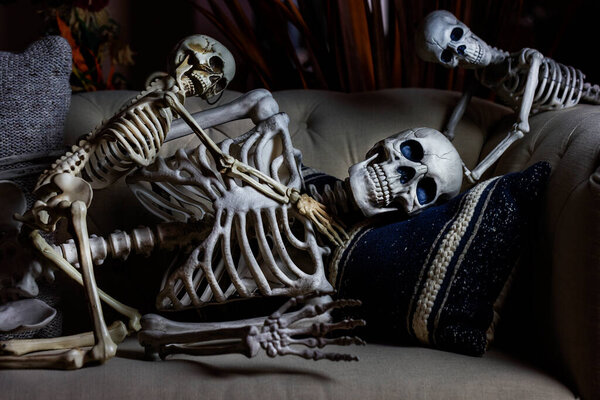 Halloween skeleton family with mom and kids playing on a couch for the holiday season