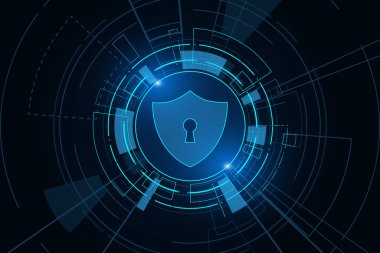 Siber güvenlik teknolojisi konsepti, devre kartında anahtar deliği simgesi olan kalkan, kişisel veri 