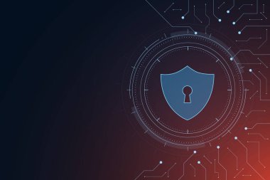 Siber güvenlik teknolojisi konsepti, devre kartında anahtar deliği simgesi olan kalkan, kişisel veri 