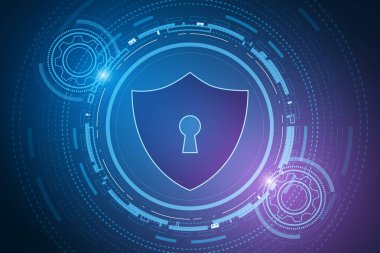 Siber güvenlik teknolojisi konsepti, devre kartında anahtar deliği simgesi olan kalkan, kişisel veri.