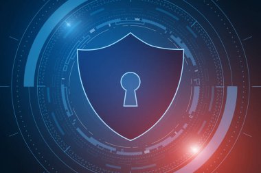 Siber güvenlik teknolojisi konsepti, devre kartında anahtar deliği simgesi olan kalkan, kişisel veri.