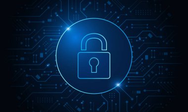 Siber güvenlik teknolojisi konsepti, devre kartında anahtar deliği simgesi olan kalkan, kişisel veri.