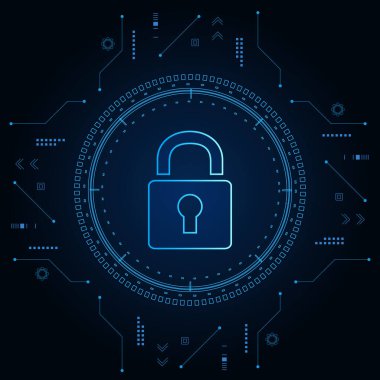 Siber güvenlik teknolojisi konsepti, devre kartında anahtar deliği simgesi olan kalkan, kişisel veri.