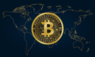 Dünya haritasında altın bitcoin dijital para, gelecekteki dijital para, 