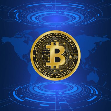 Dünya haritasında altın bitcoin dijital para, gelecekteki dijital para, 