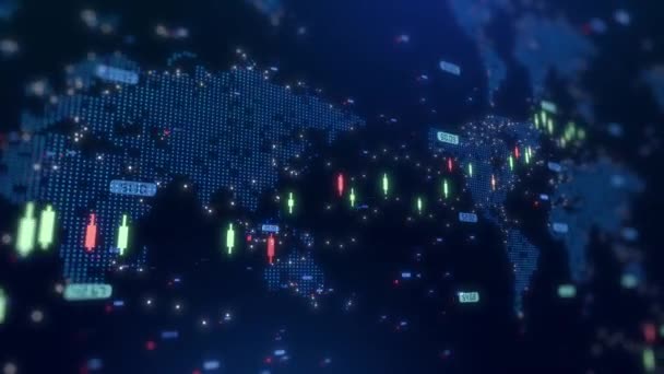 Mercado Ações Criptomoeda Conceito Com Indicadores Digitais Mapa Mundo Fundo — Vídeo de Stock