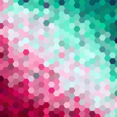 Yeşil, pembe üçgenlerden oluşan bir arka plan. Geometrik şekilli kare bileşimi.