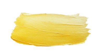 Parıltılı dekoratif boyadan altın leke. Altın fırça darbesi. Suluboya desenli boya lekesi beyazda izole edilmiş. Soyut elle boyanmış. Altın arkaplan.