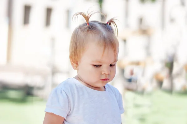 Little Girl Offended Looking Her Puffed Cheeks — Stock Photo, Image