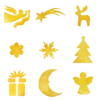  Dekoratif parlak, altın boyayla boyanmış Noel elementleri. İzole edilmiş beyaz arka planda yeni yıl sembolü. Altın fırça darbesi. Noel altın parıltısı elementleri.