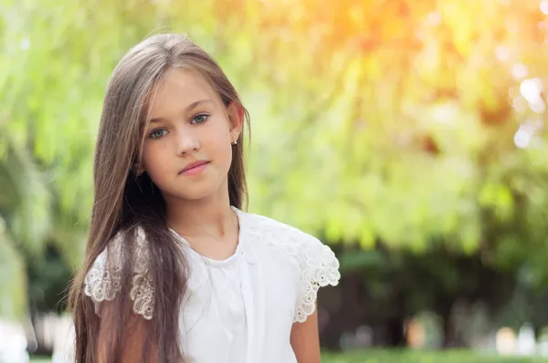 Mooi Klein Meisje Het Park Met Lang Haar Een Lieve — Stockfoto