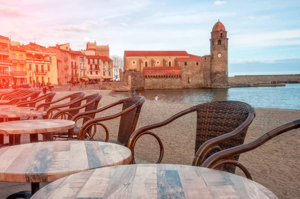 Francia Collioure Caffè Costieri Con Una Splendida Vista Sul Mare — Foto Stock