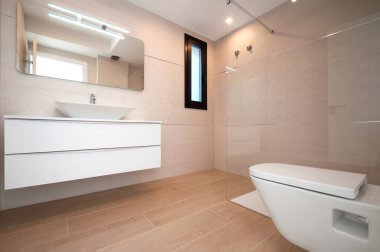 Duşlu modern banyo. Temiz ve taze banyo.. 