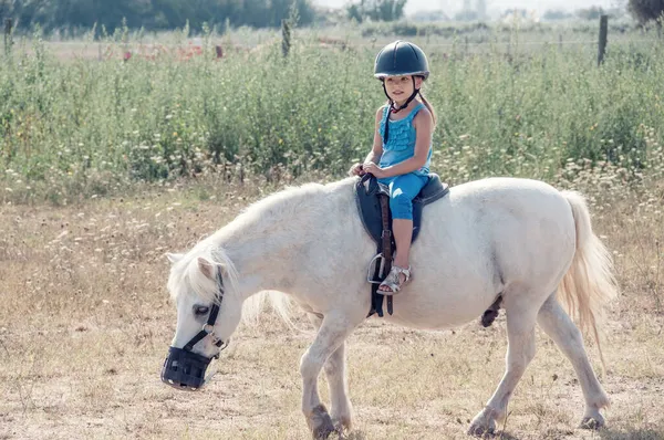 Маленькая Девочка Всадница Белом Пони — стоковое фото